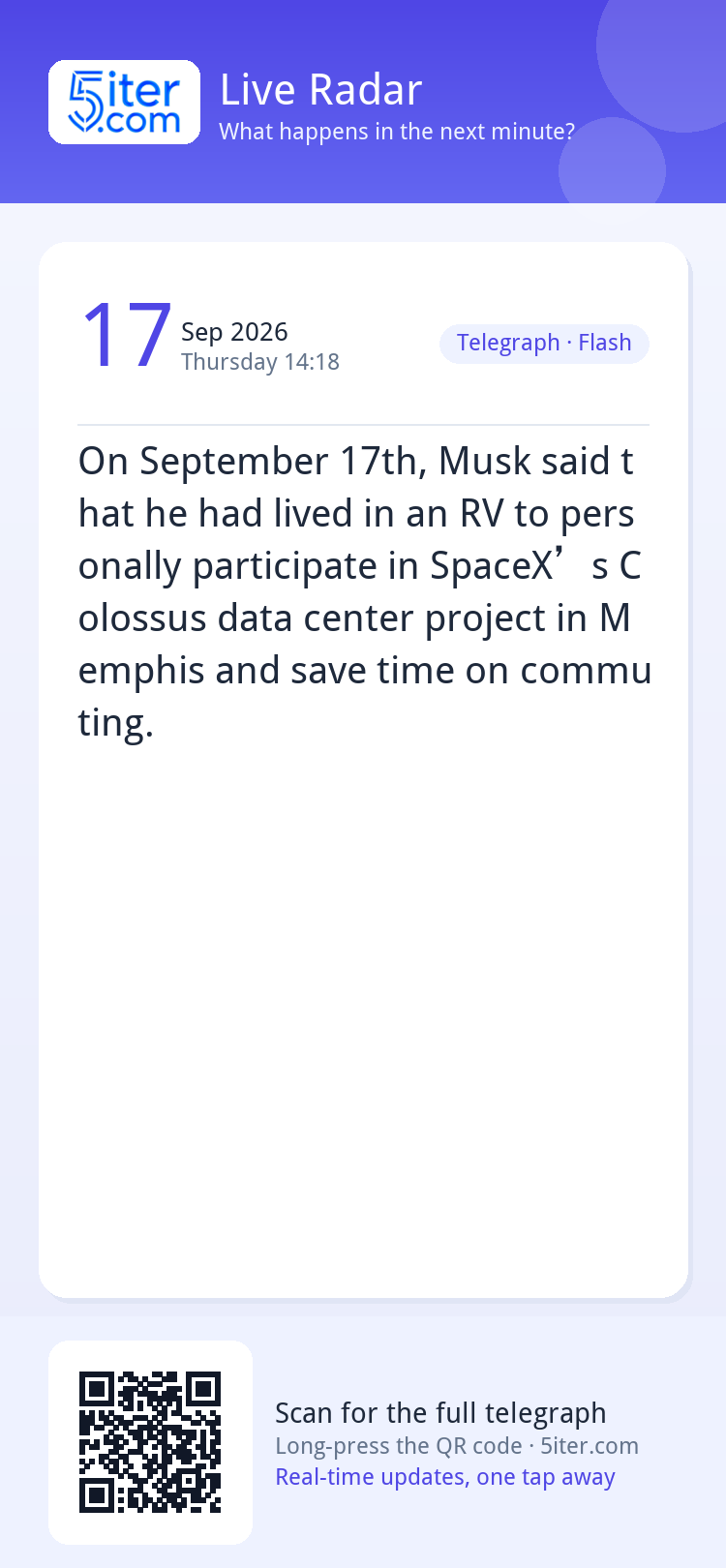 On September 17th, Musk said that he had lived in an RV to p