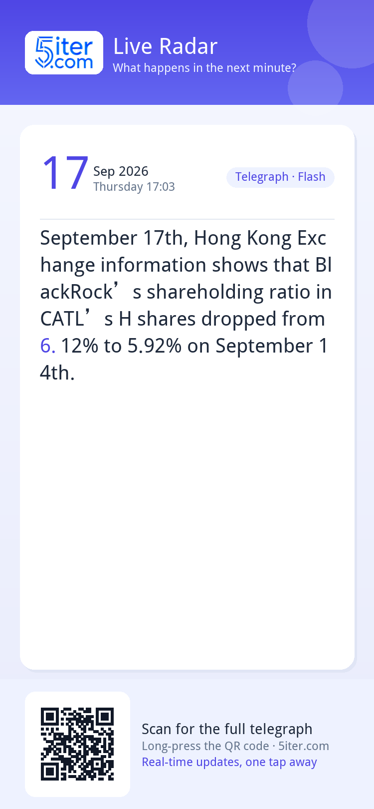 September 17th, Hong Kong Exchange information shows that Bl
