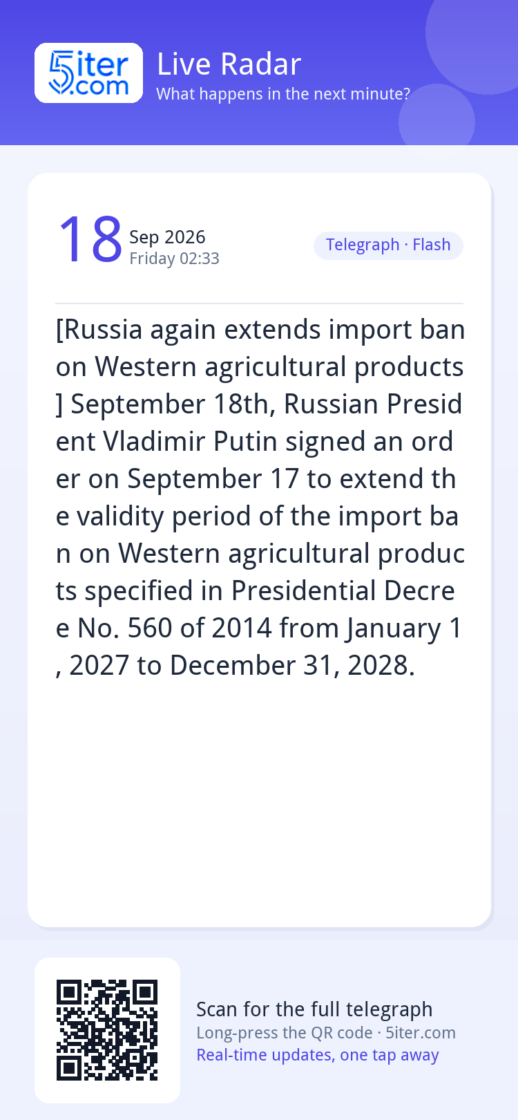 [Russia again extends import ban on Western agricultural pro