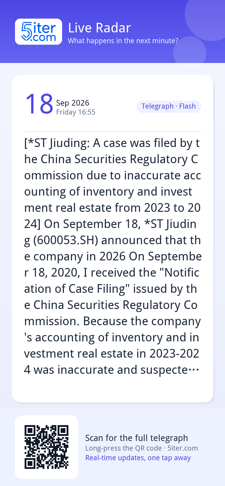 [*ST Jiuding: A case was filed by the China Securities Regul