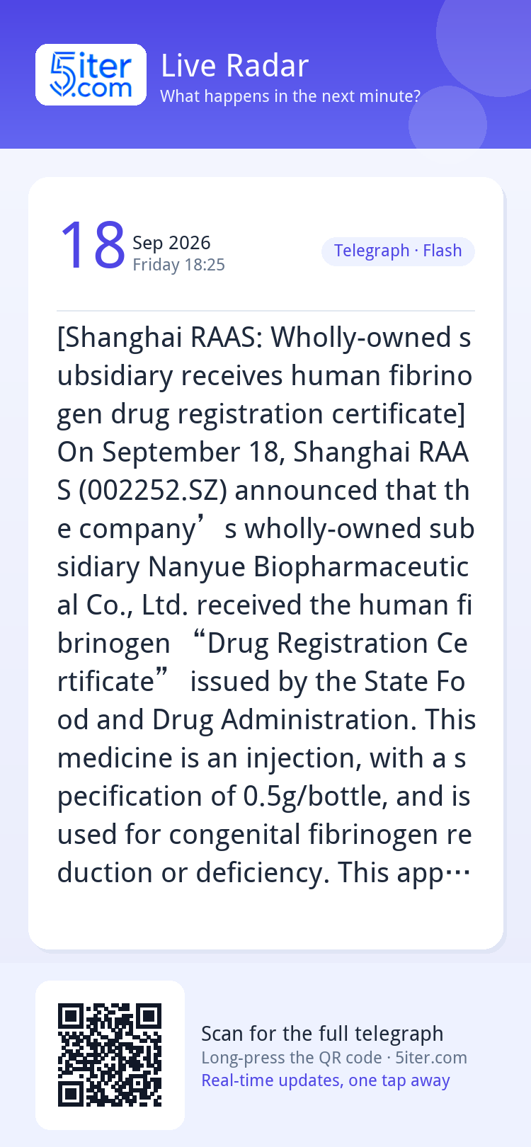 [Shanghai RAAS: Wholly-owned subsidiary receives human fibri