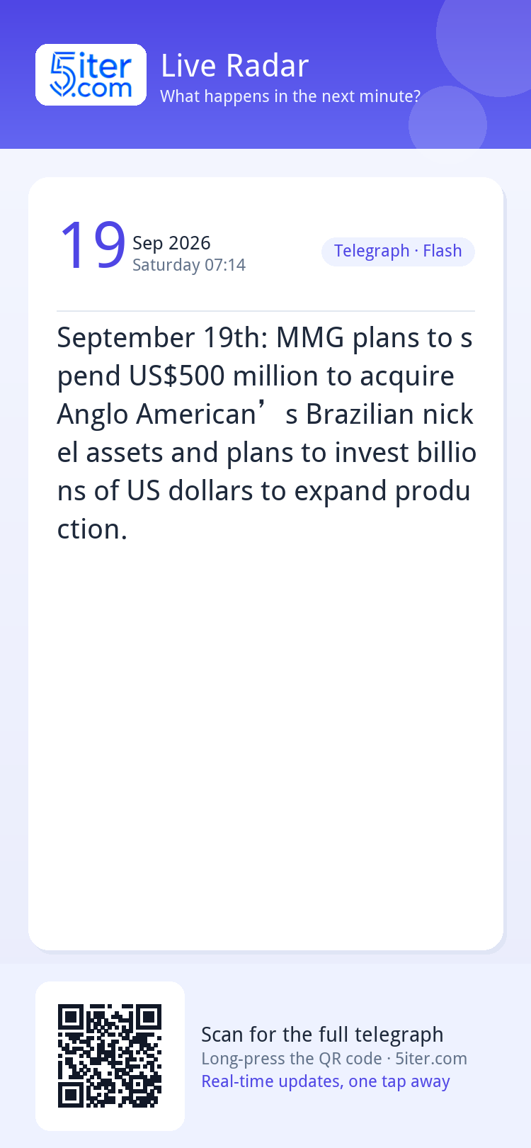 September 19th: MMG plans to spend US$500 million to acquire