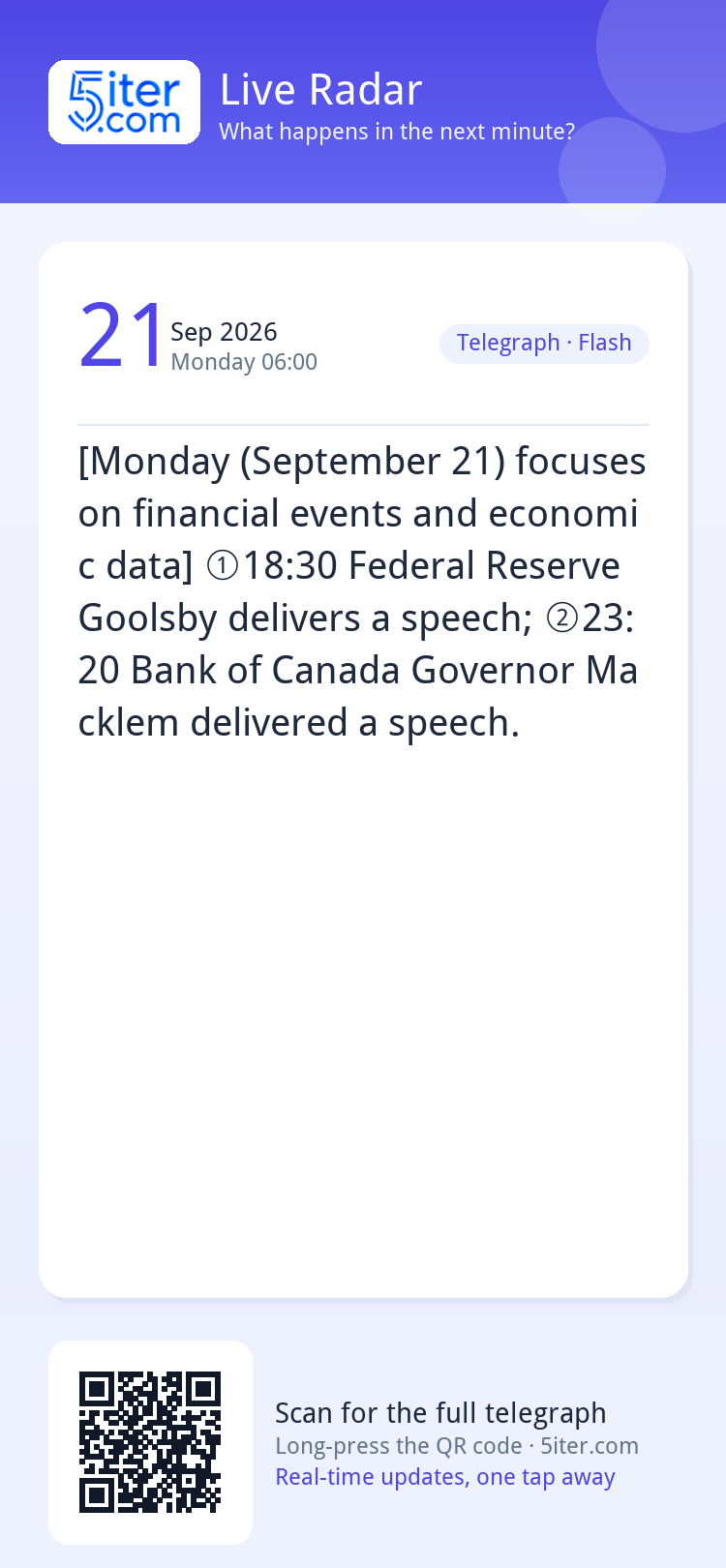 [Monday (September 21) focuses on financial events and econo