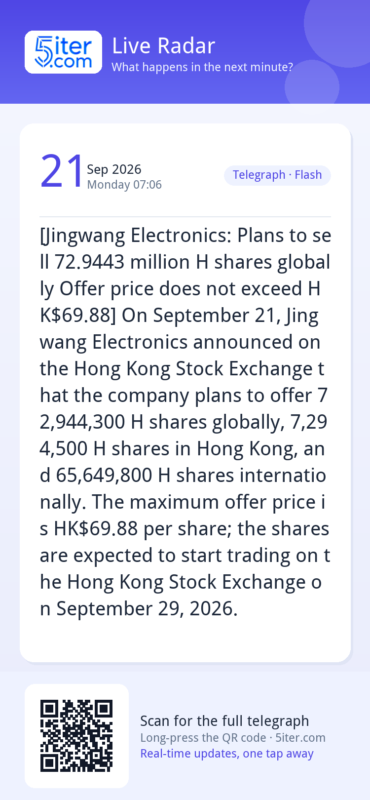 [Jingwang Electronics: Plans to sell 72.9443 million H share