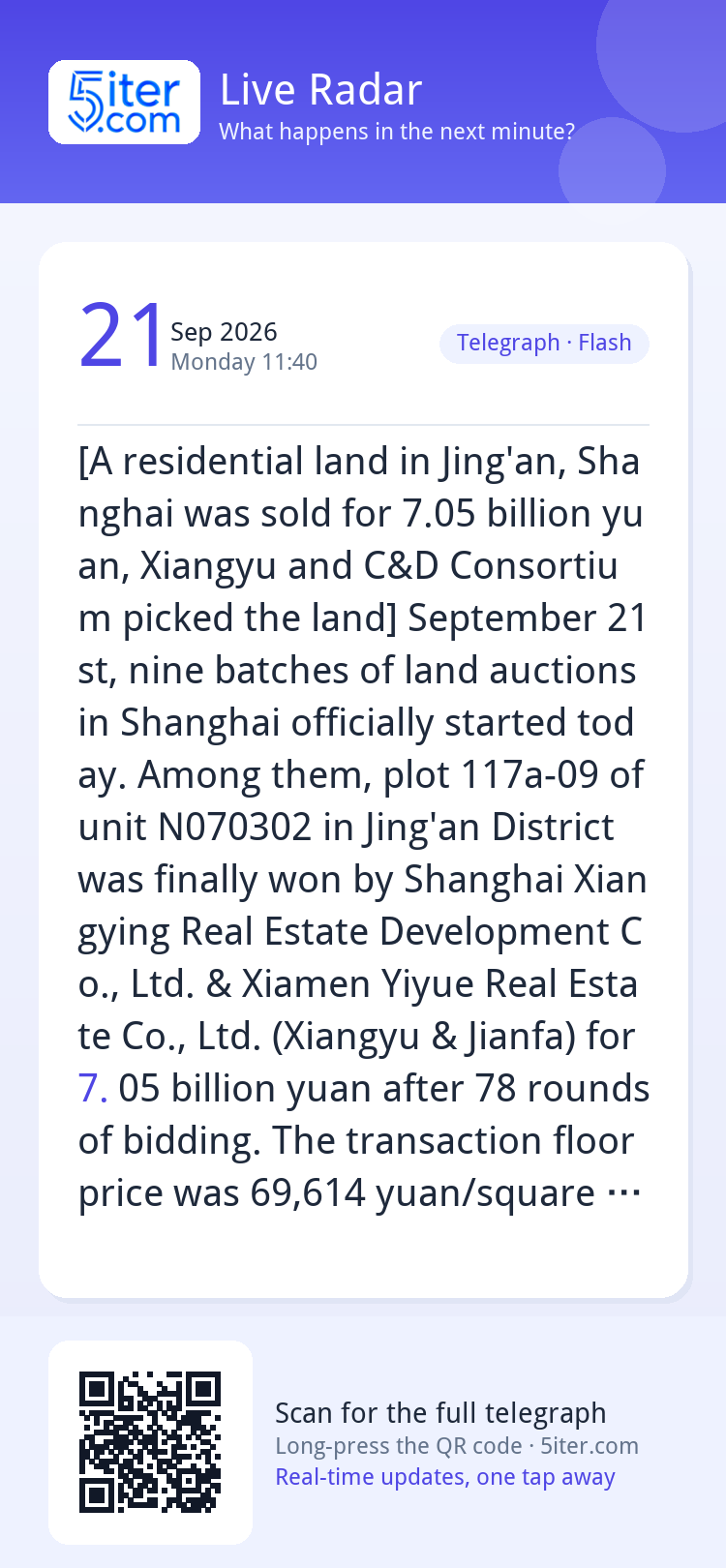 [A residential land in Jing'an, Shanghai was sold for 7.05 b