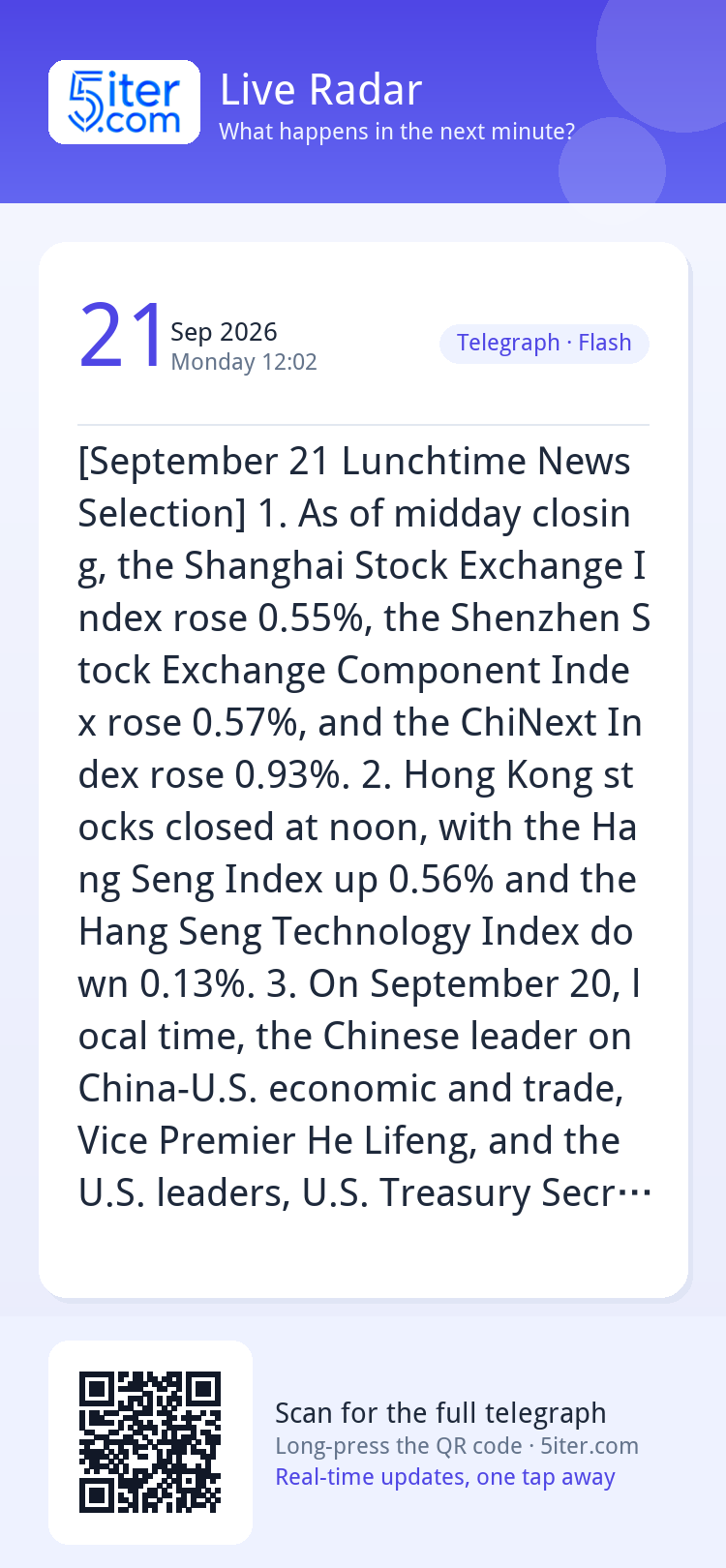 [September 21 Lunchtime News Selection]
1. As of midday clos