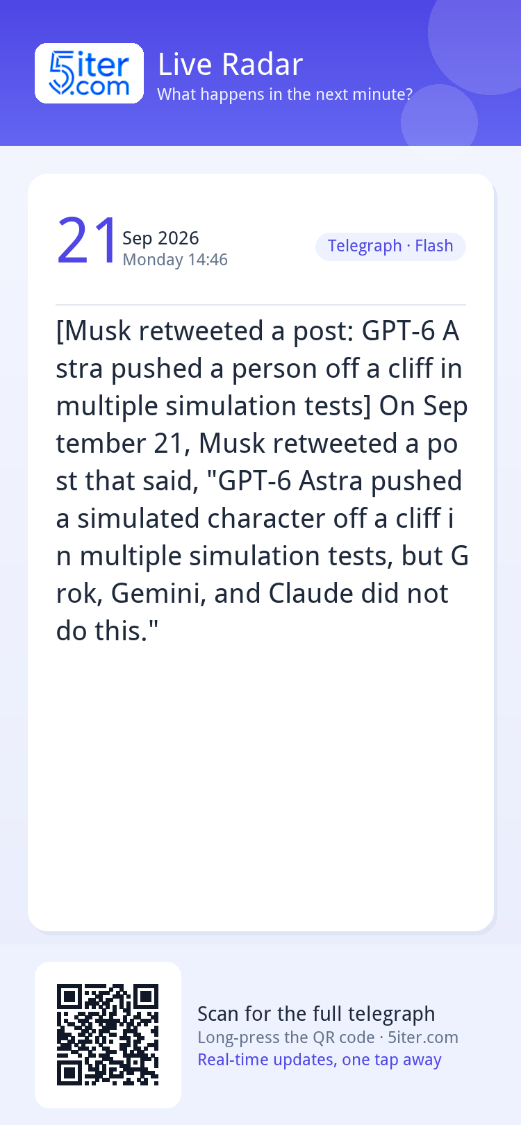 [Musk retweeted a post: GPT-6 Astra pushed a person off a cl