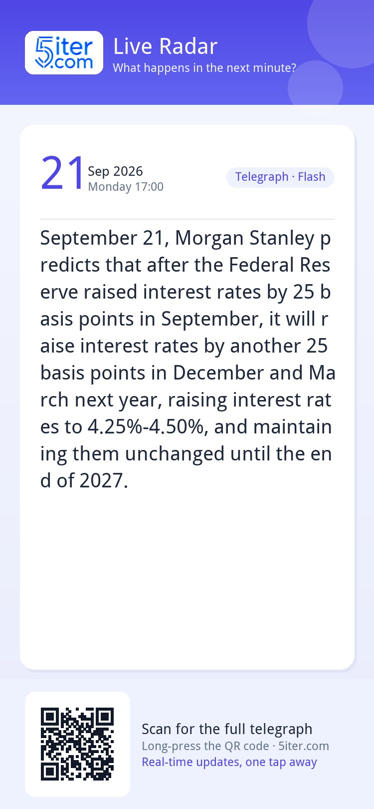 September 21, Morgan Stanley predicts that after the Federal