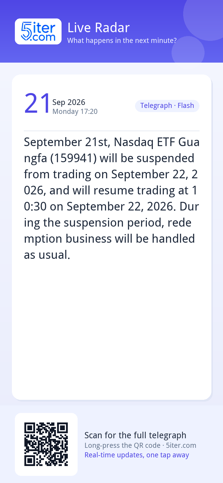 September 21st, Nasdaq ETF Guangfa (159941) will be suspende