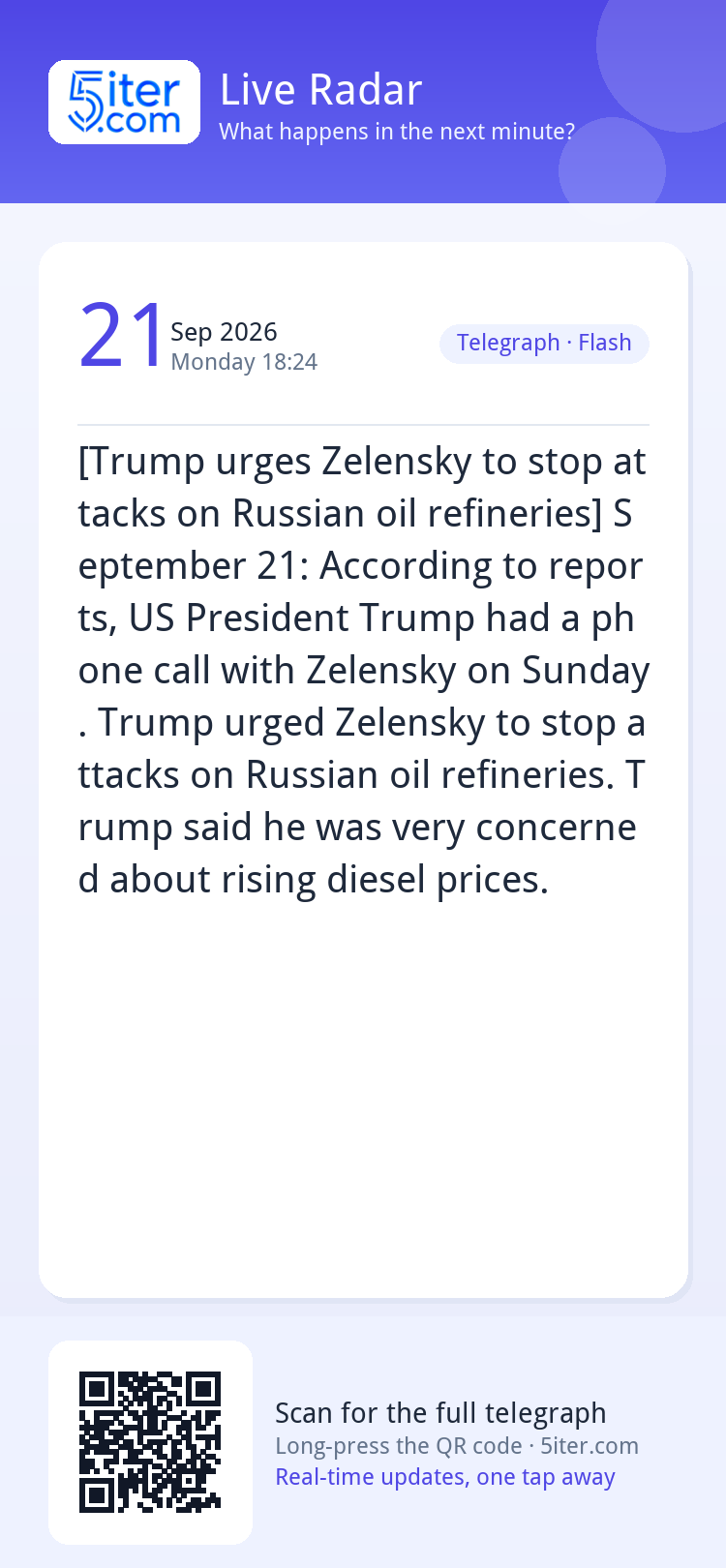 [Trump urges Zelensky to stop attacks on Russian oil refiner