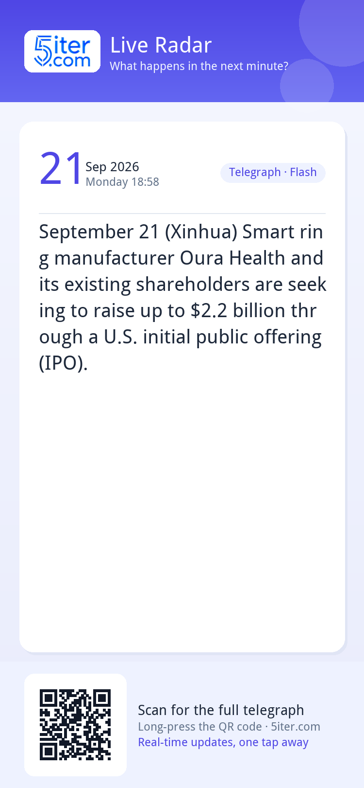 September 21 (Xinhua) Smart ring manufacturer Oura Health an