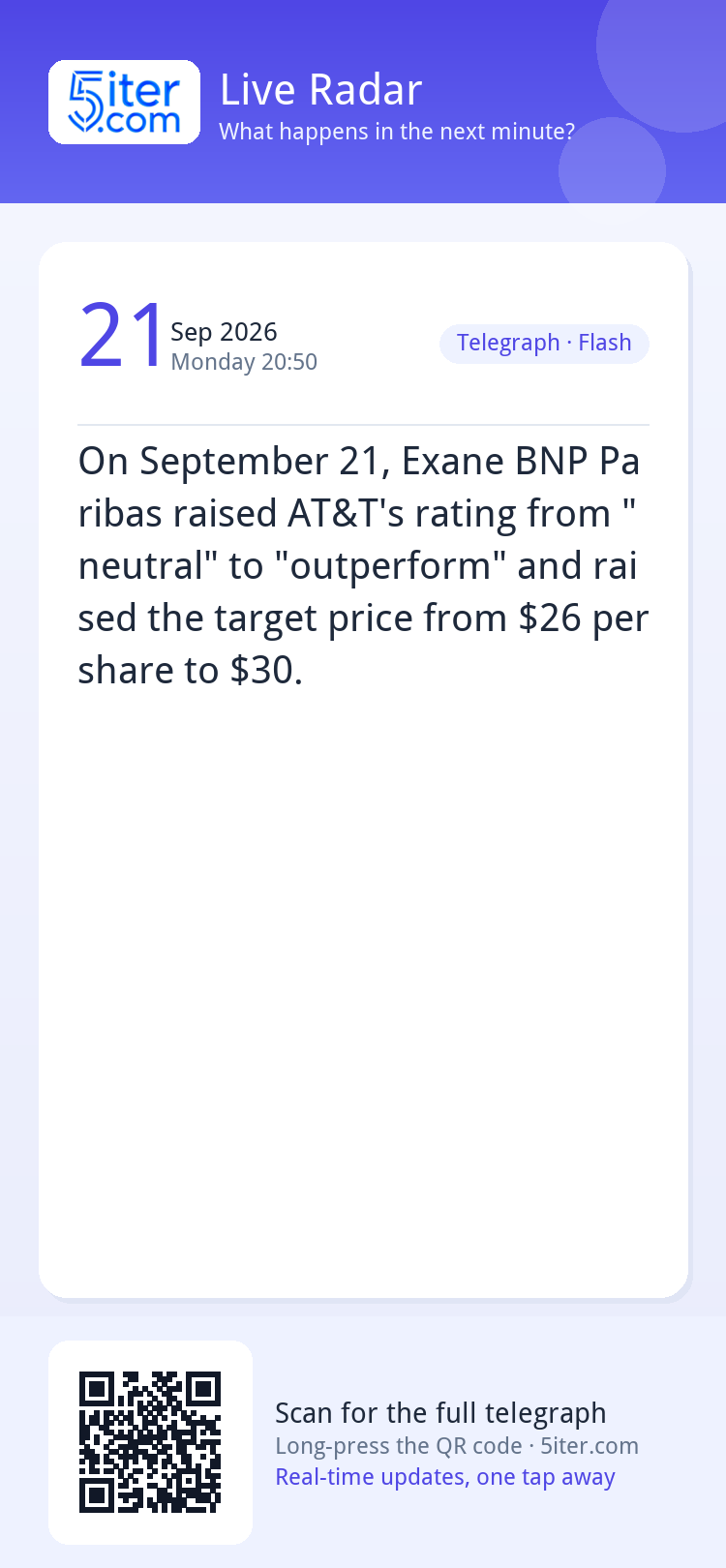 On September 21, Exane BNP Paribas raised AT&T's rating from