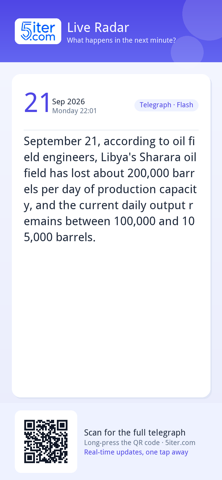 September 21, according to oil field engineers, Libya's Shar