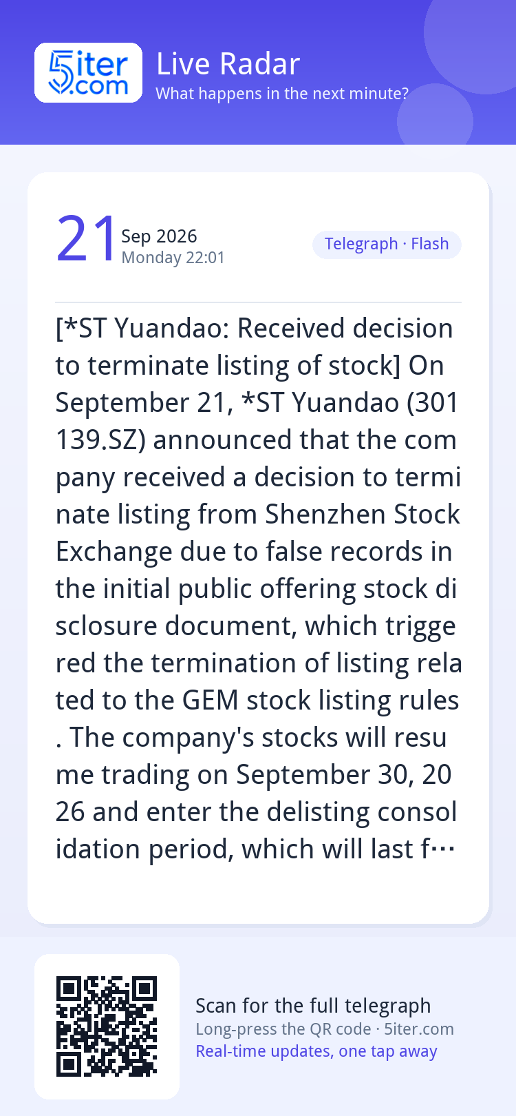 [*ST Yuandao: Received decision to terminate listing of stoc