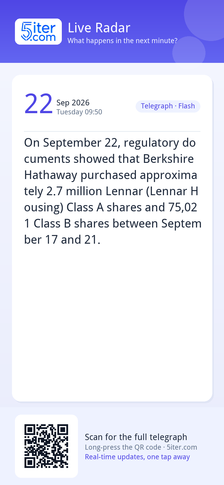 On September 22, regulatory documents showed that Berkshire 
