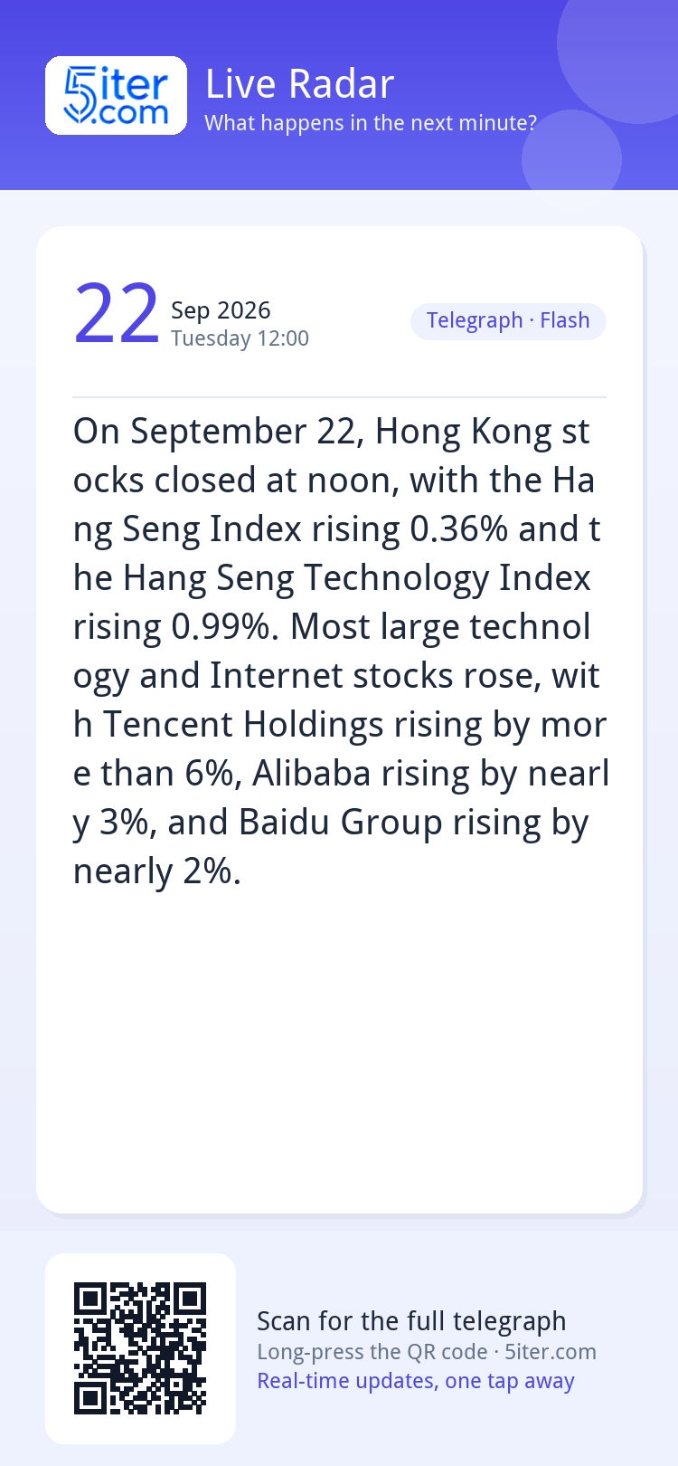 On September 22, Hong Kong stocks closed at noon, with the H