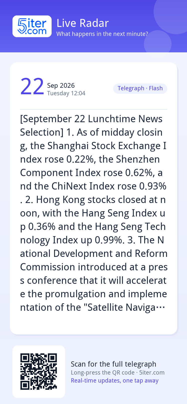 [September 22 Lunchtime News Selection]
1. As of midday clos