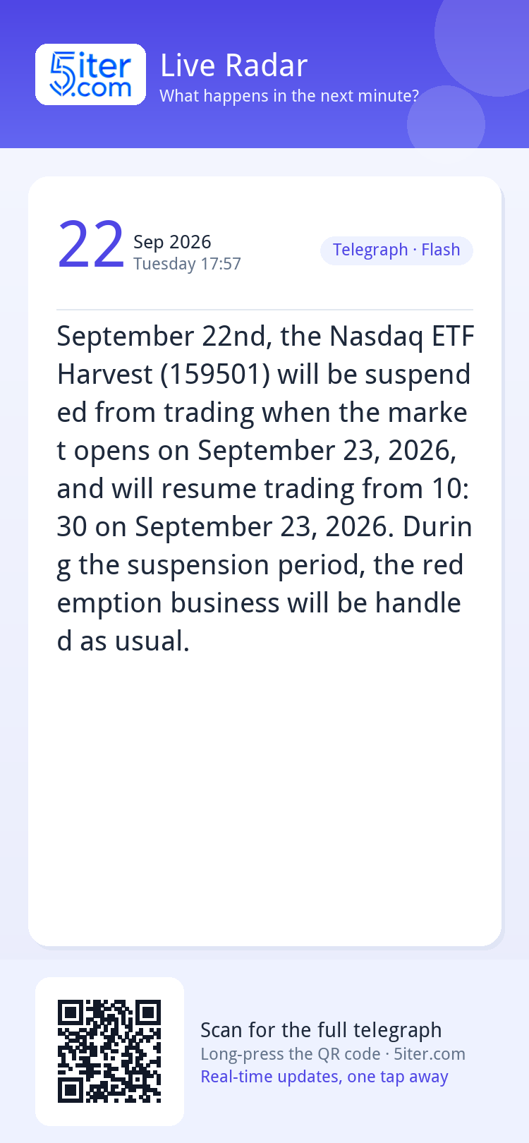 September 22nd, the Nasdaq ETF Harvest (159501) will be susp