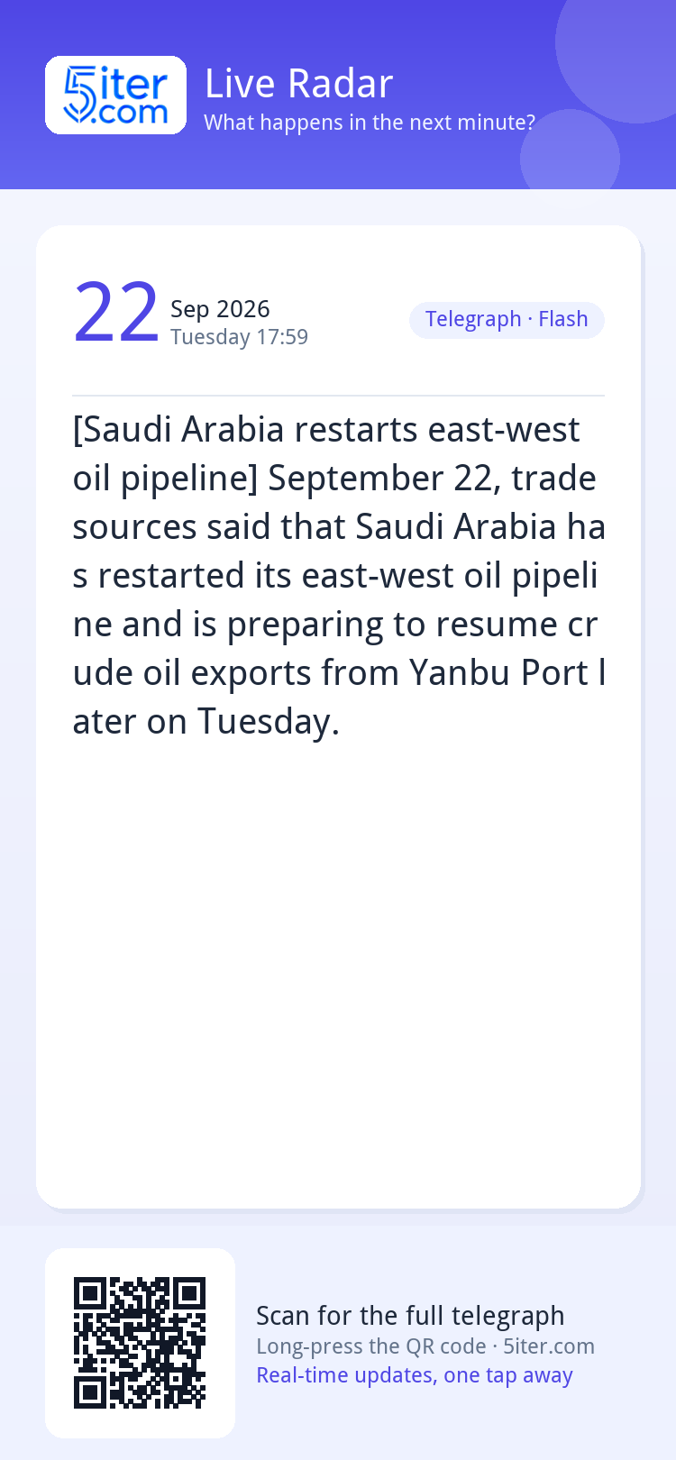 [Saudi Arabia restarts east-west oil pipeline] September 22,