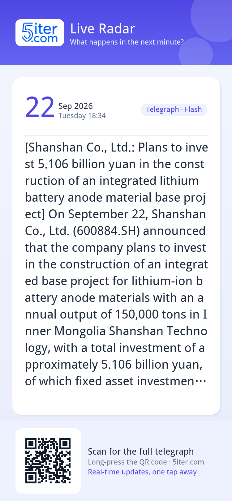 [Shanshan Co., Ltd.: Plans to invest 5.106 billion yuan in t