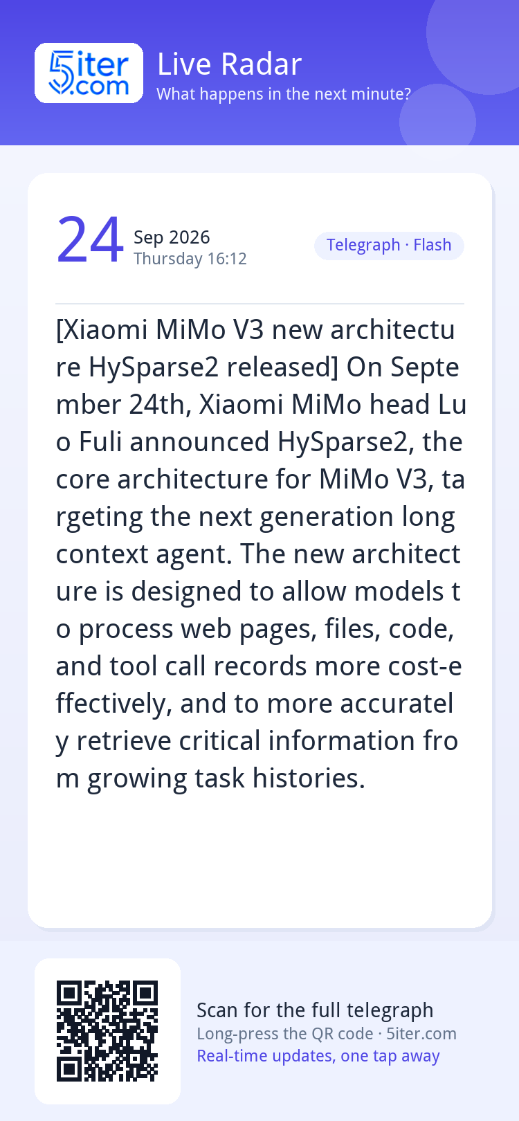 [Xiaomi MiMo V3 new architecture HySparse2 released] On Sept