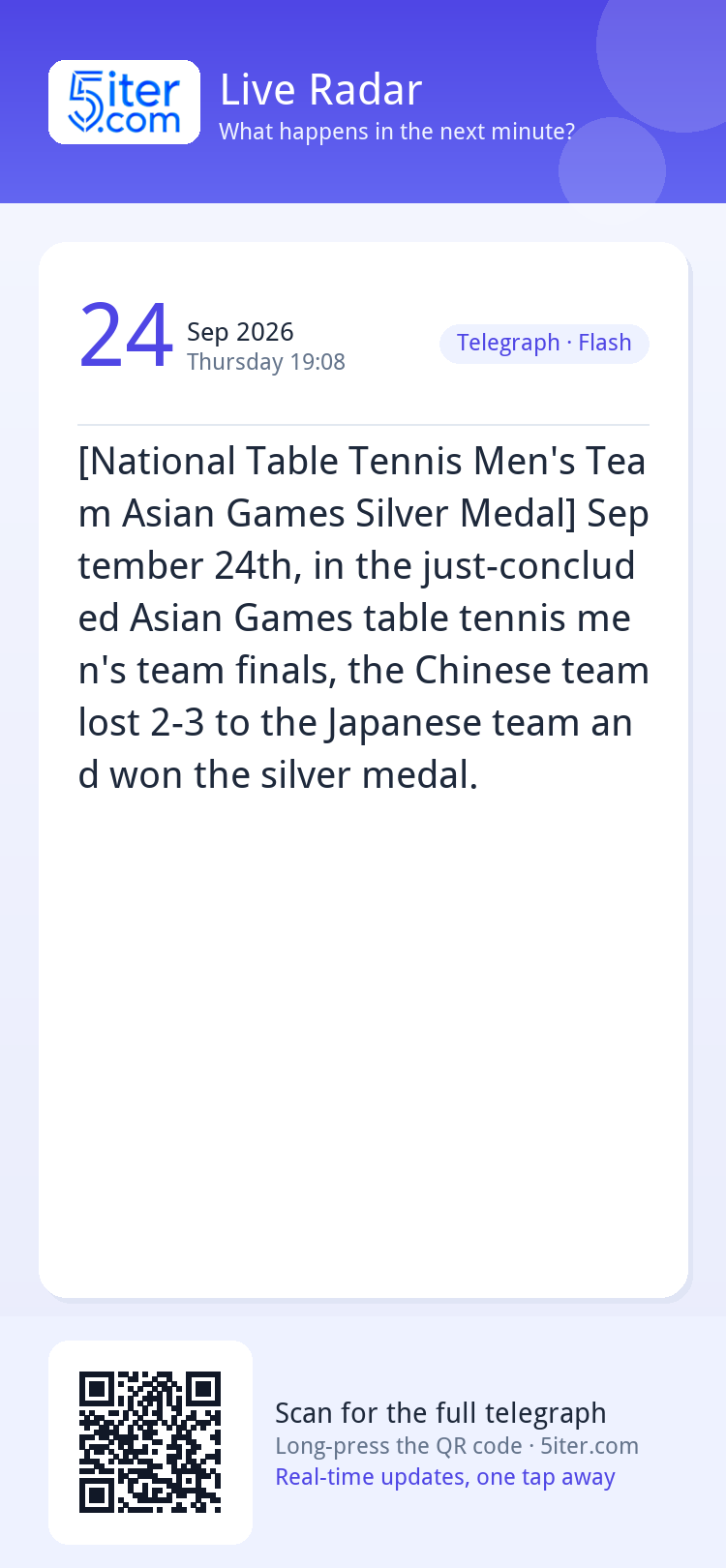 [National Table Tennis Men's Team Asian Games Silver Medal] 