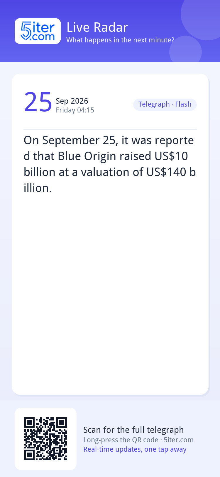 On September 25, it was reported that Blue Origin raised US$