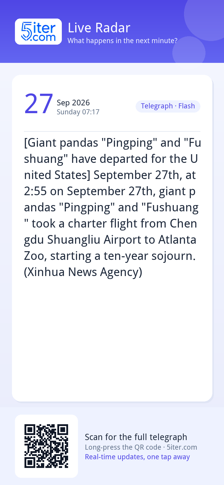 [Giant pandas "Pingping" and "Fushuang" have departed for th