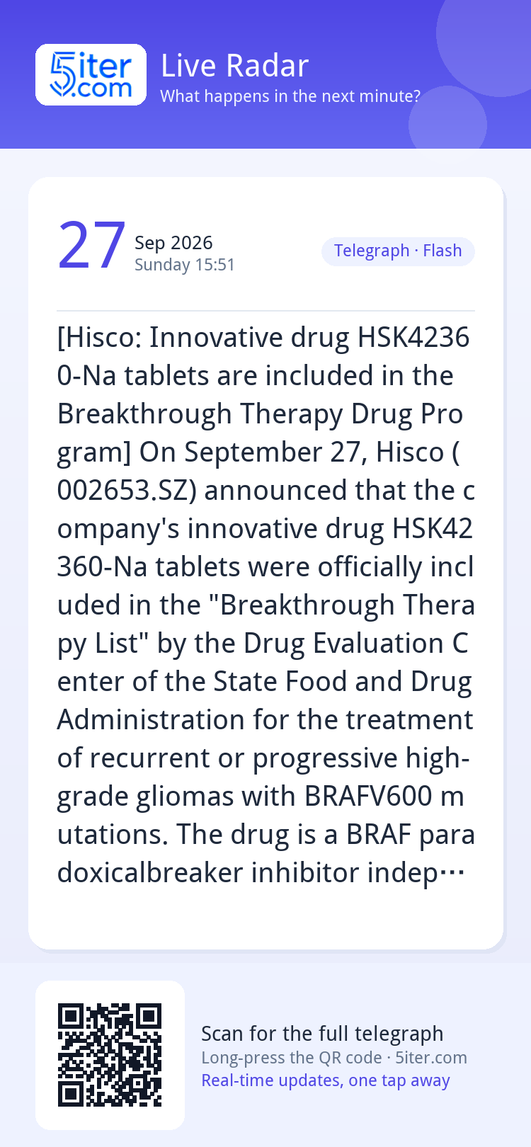 [Hisco: Innovative drug HSK42360-Na tablets are included in 