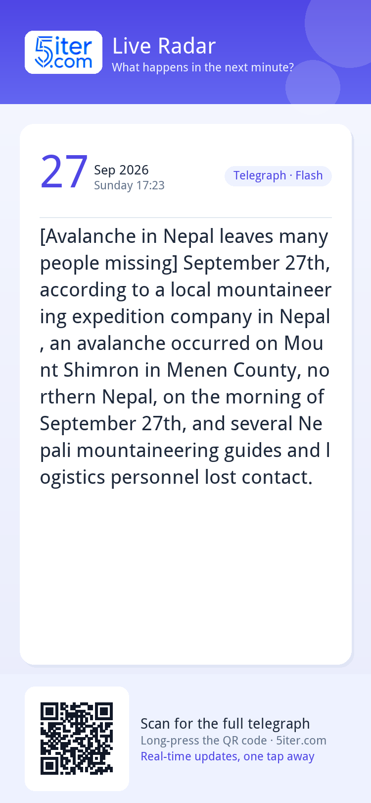 [Avalanche in Nepal leaves many people missing] September 27