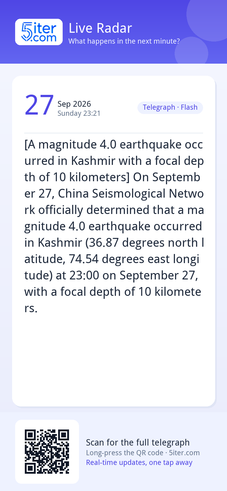 [A magnitude 4.0 earthquake occurred in Kashmir with a focal