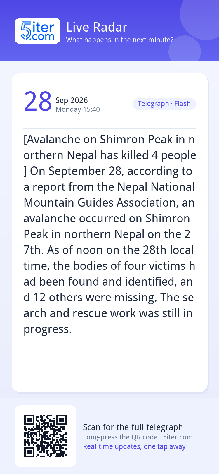 [Avalanche on Shimron Peak in northern Nepal has killed 4 pe