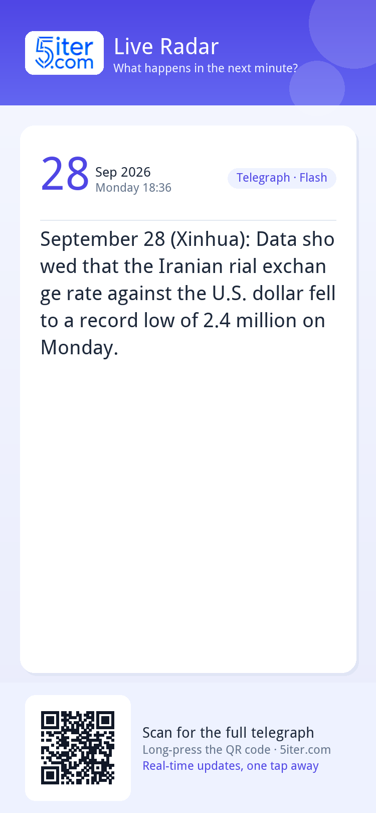 September 28 (Xinhua): Data showed that the Iranian rial exc