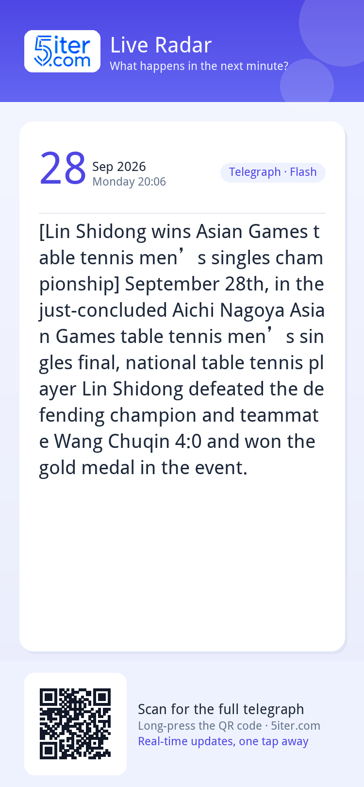 [Lin Shidong wins Asian Games table tennis men’s singles cha