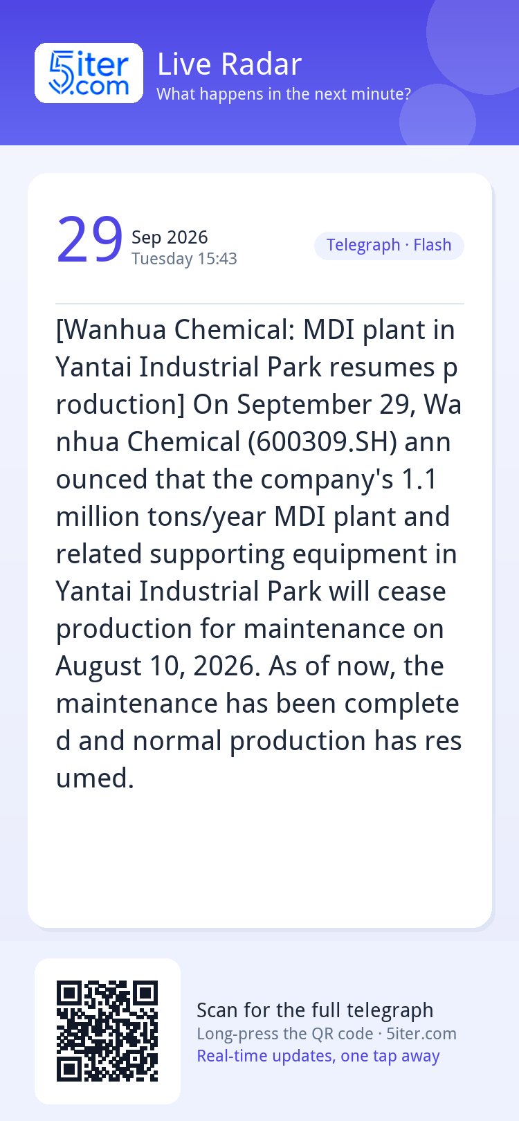 [Wanhua Chemical: MDI plant in Yantai Industrial Park resume