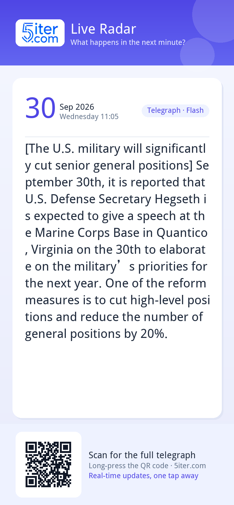 [The U.S. military will significantly cut senior general pos