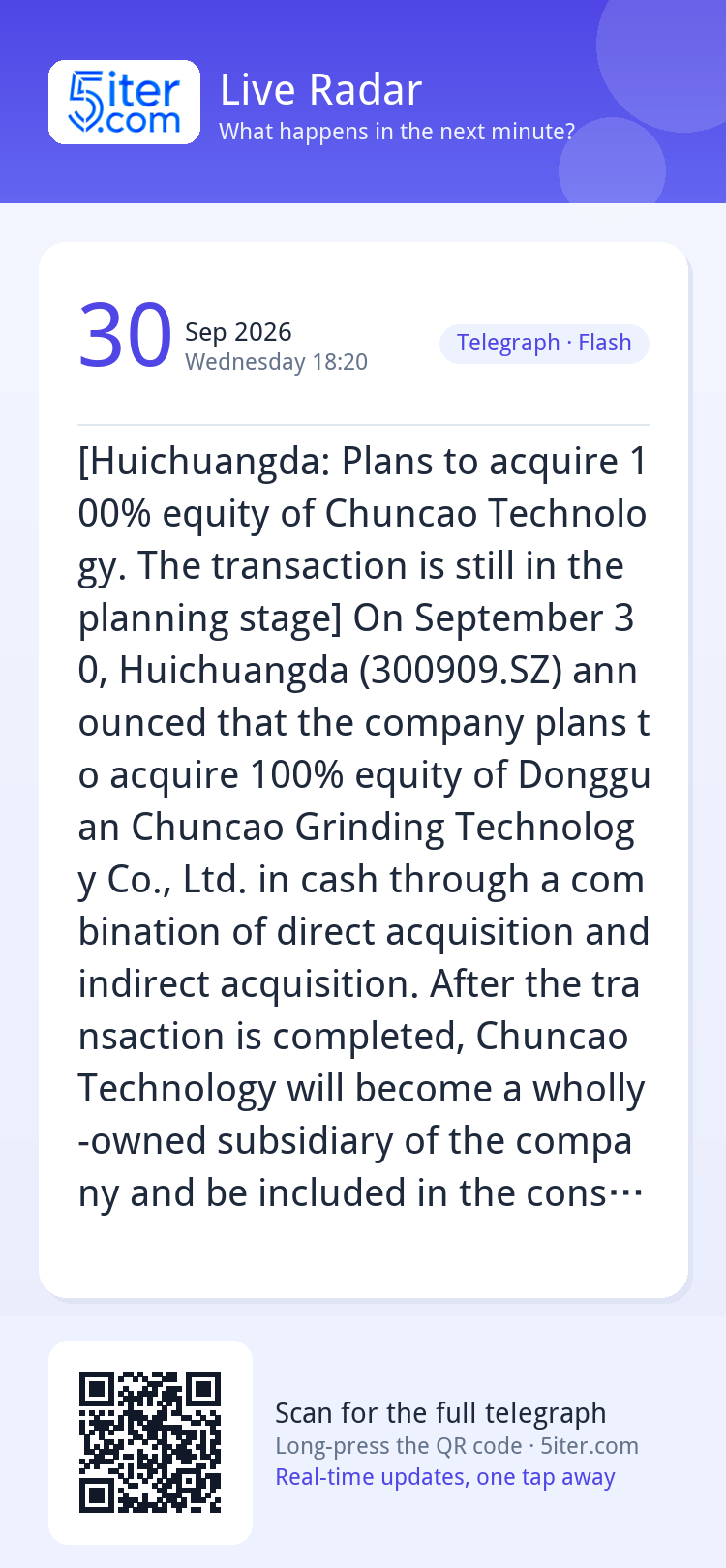 [Huichuangda: Plans to acquire 100% equity of Chuncao Techno