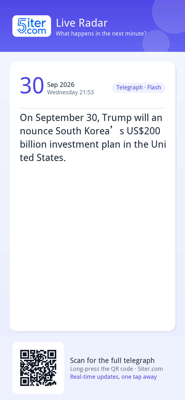 On September 30, Trump will announce South Korea’s US$200 bi