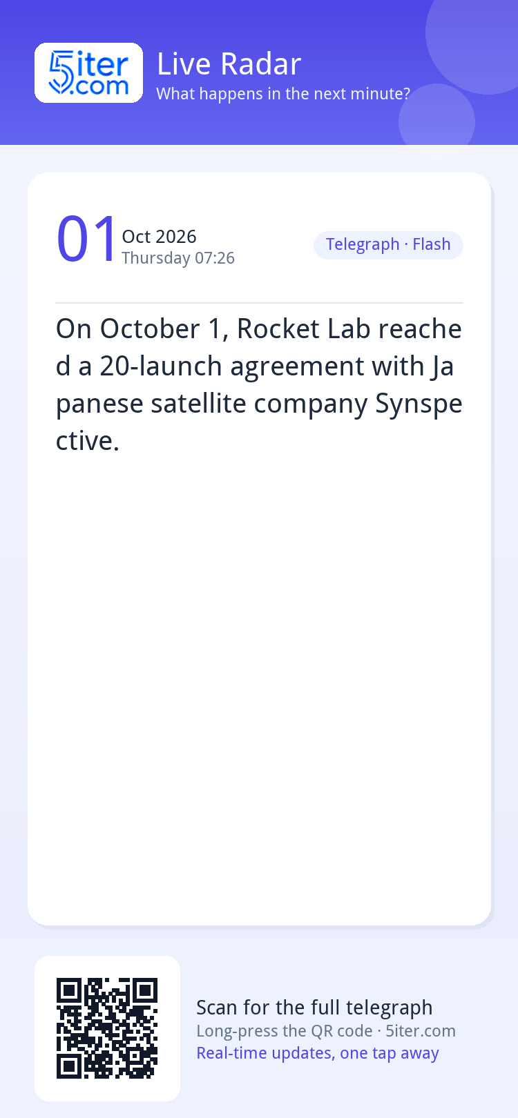 On October 1, Rocket Lab reached a 20-launch agreement with 