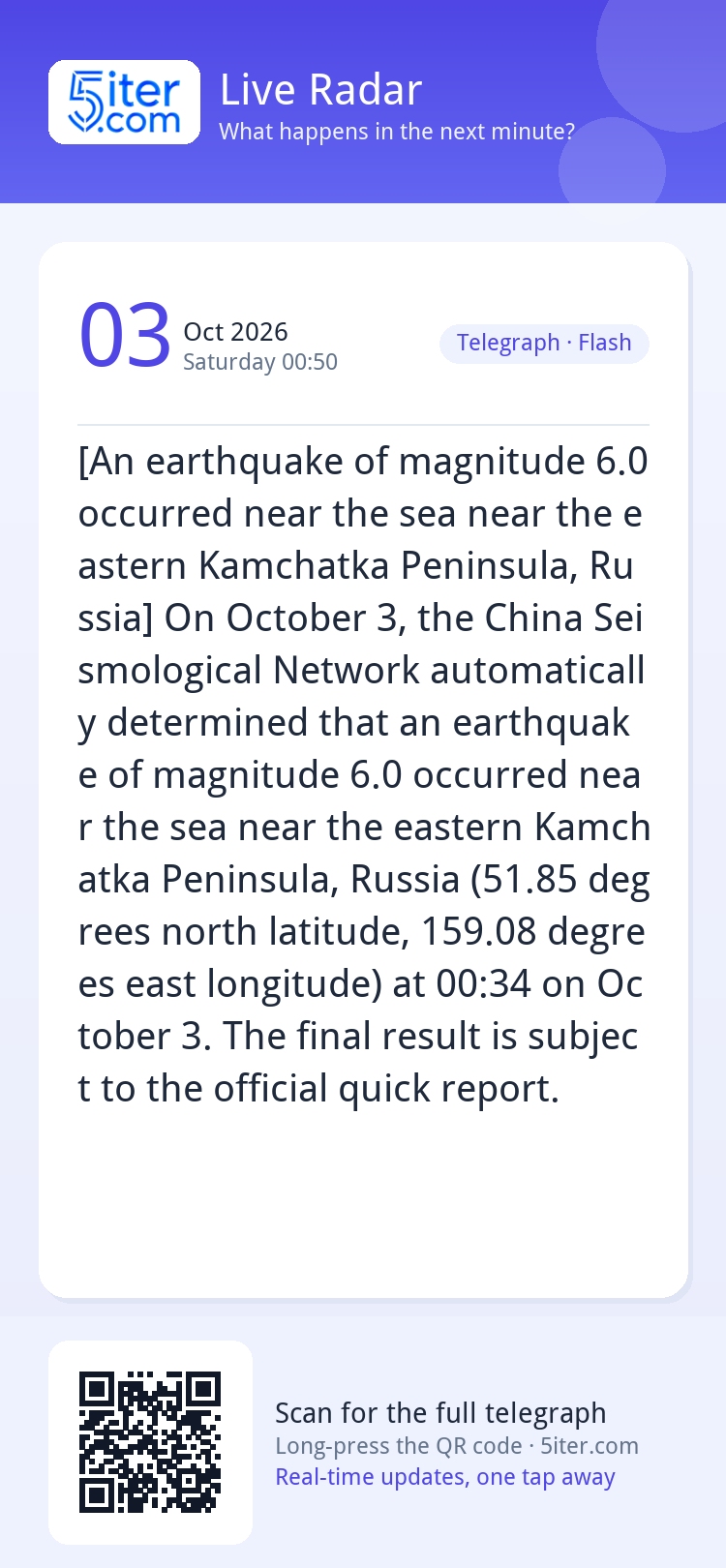 [An earthquake of magnitude 6.0 occurred near the sea near t