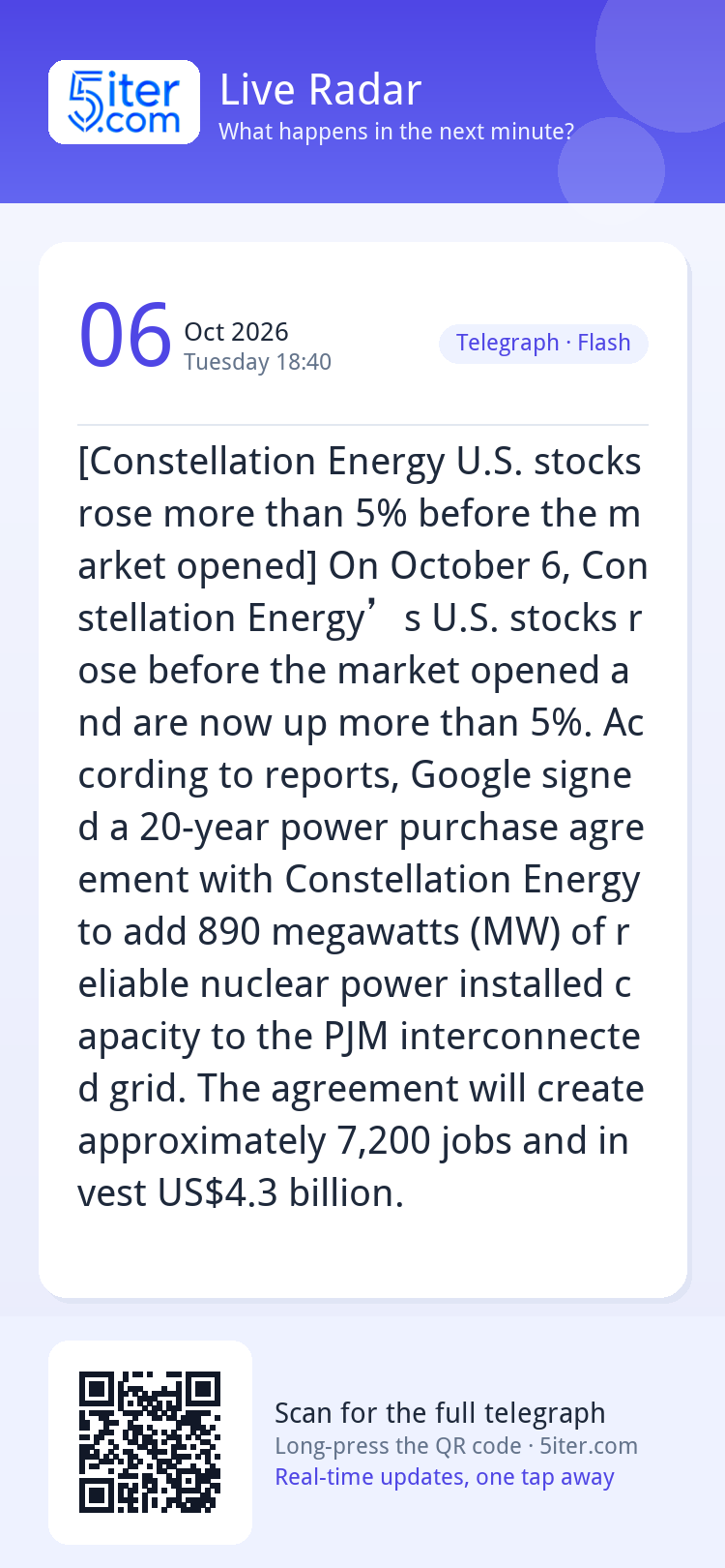 [Constellation Energy U.S. stocks rose more than 5% before t