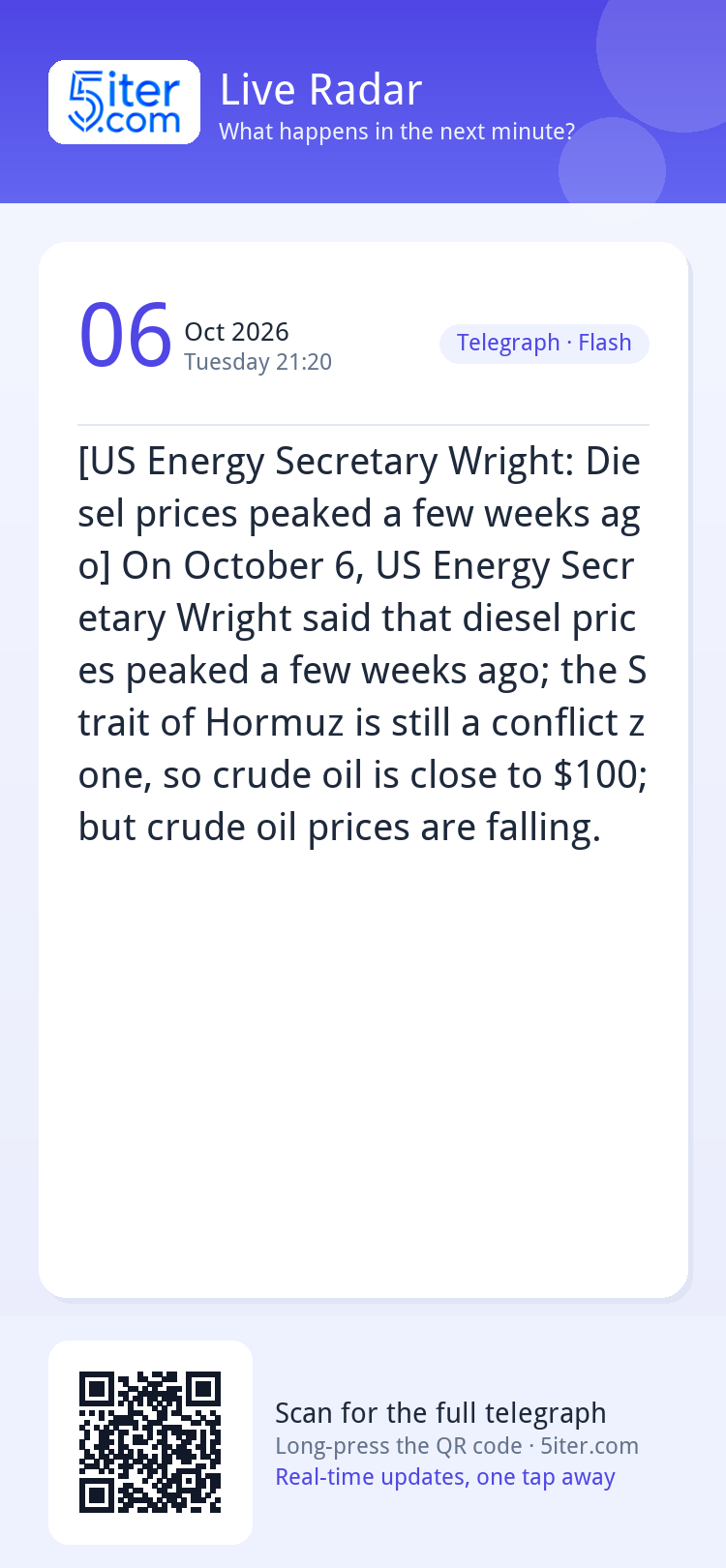 [US Energy Secretary Wright: Diesel prices peaked a few week