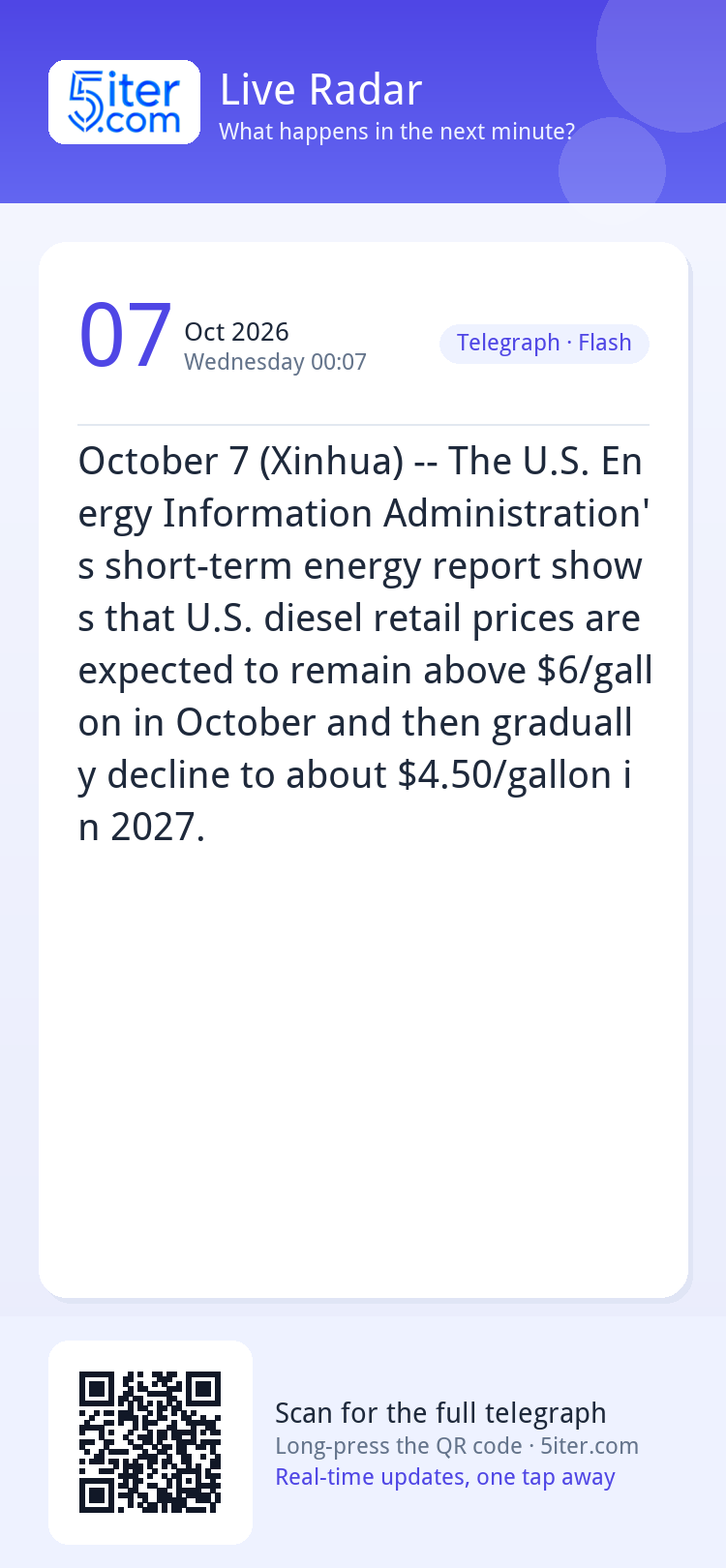 October 7 (Xinhua) -- The U.S. Energy Information Administra