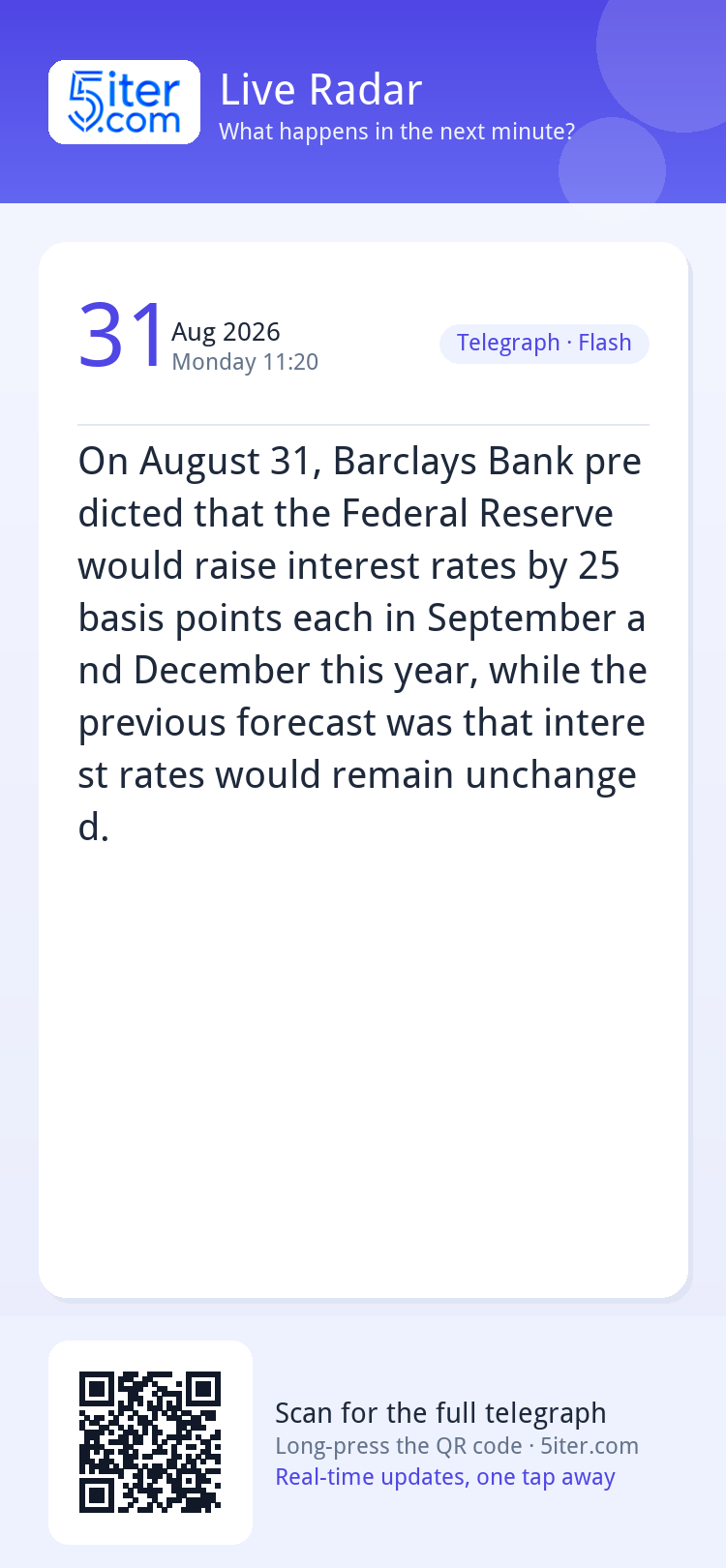 On August 31, Barclays Bank predicted that the Federal Reser