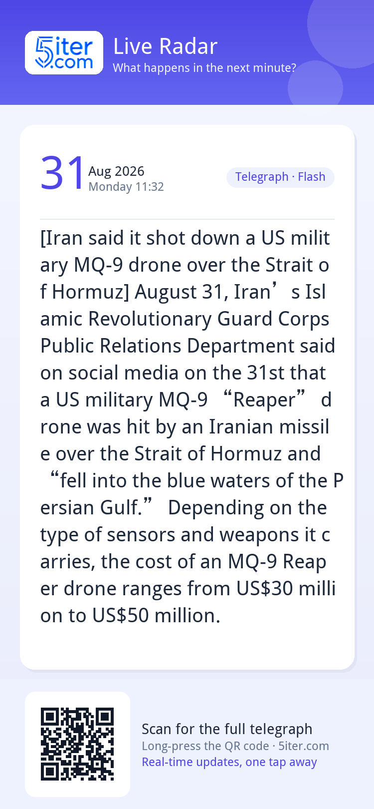 [Iran said it shot down a US military MQ-9 drone over the St