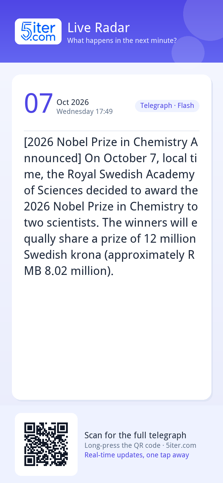 [2026 Nobel Prize in Chemistry Announced] On October 7, loca