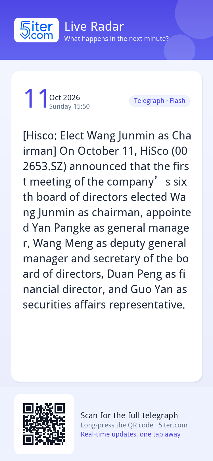 [Hisco: Elect Wang Junmin as Chairman] On October 11, HiSco 