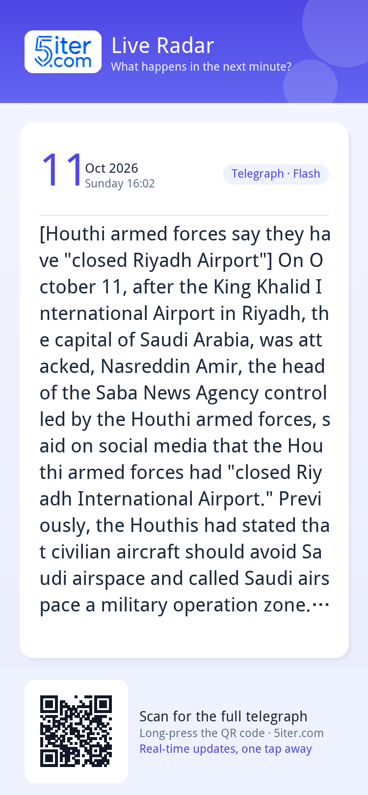 [Houthi armed forces say they have "closed Riyadh Airport"] 