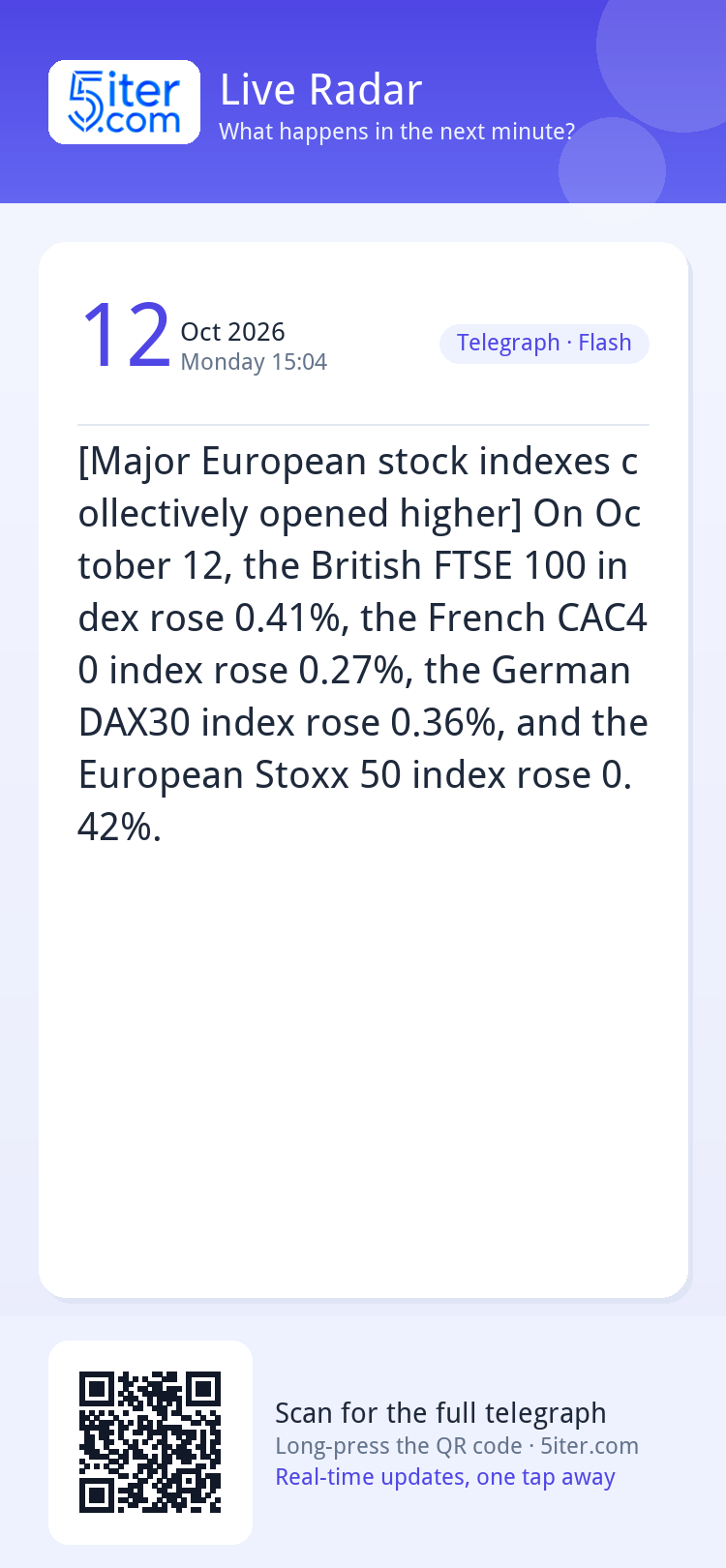 [Major European stock indexes collectively opened higher] On