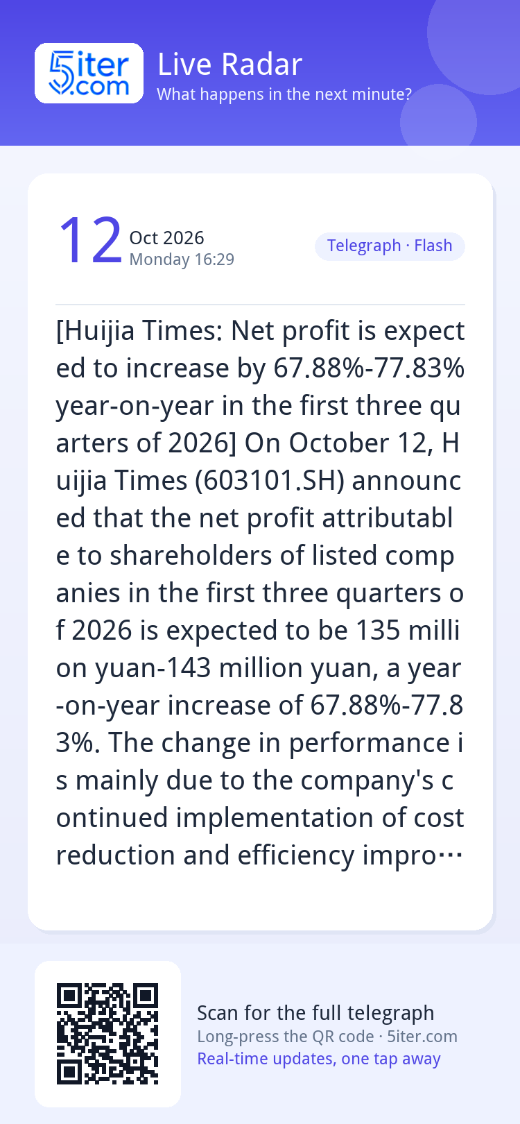 [Huijia Times: Net profit is expected to increase by 67.88%-